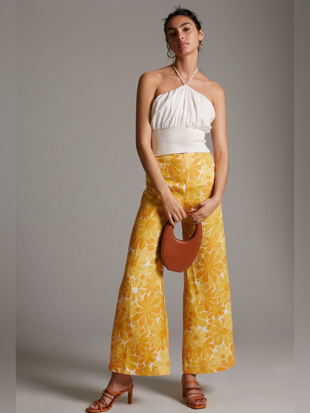 Faithfull The Brand Ottavio Floral Linen Wide Leg Pants Yellow Size 4